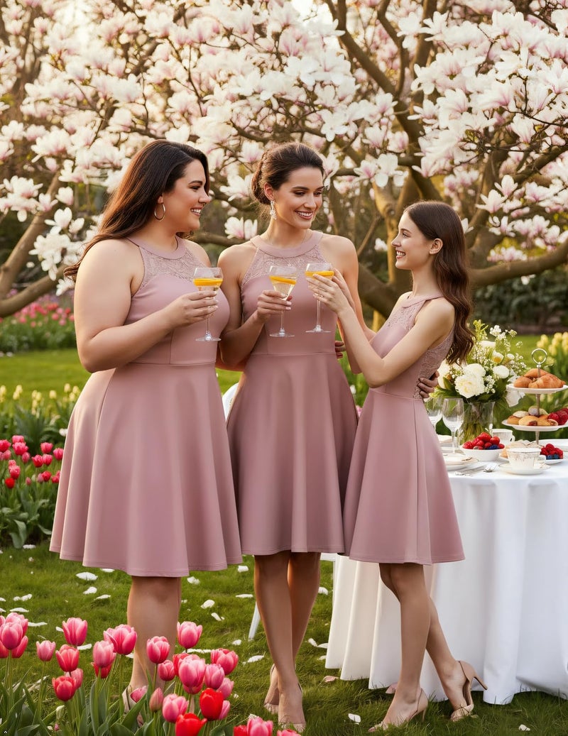 Bbonlinedress Plus Size Summer Short Prom Women Bridesmaid Cocktail Wedding Guest 2024 Halter Dress Blush 2XL - Image 4